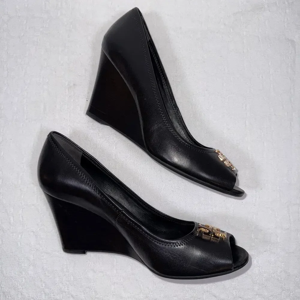 Tory Burch Jolie Peep Toe Black Leather Wedge Heel Preppy Career Formal Sz 9.5M